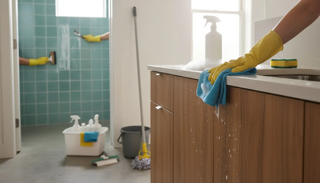 Hænder i gummihandsker pudser køkkenskab og skrubber kalk væk fra badeværelsesfliser i en lys lejlighed.