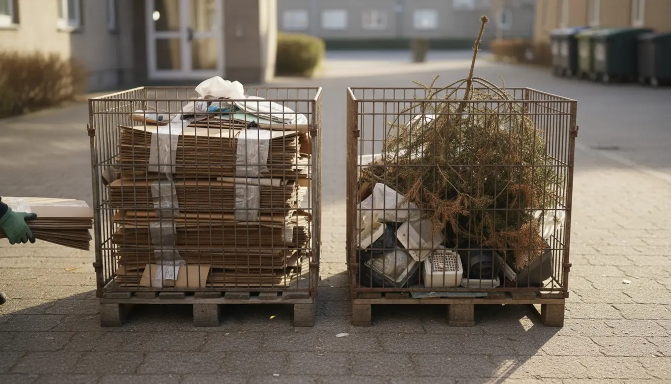 To pallebure med pap, blandet affald og et kasseret juletræ klar til bortkørsel i et gårdrum.