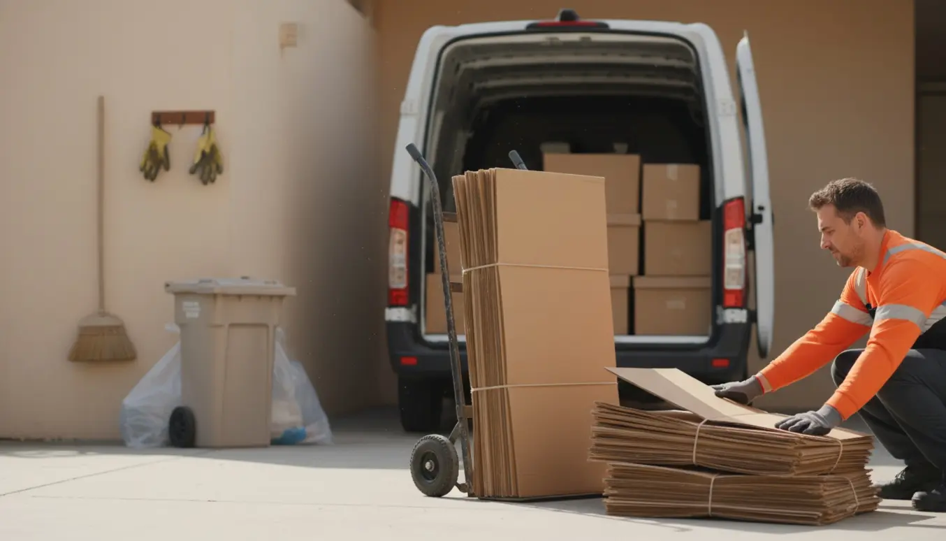 Bundter af flade papkasser bliver samlet og læsset i en varevogn.