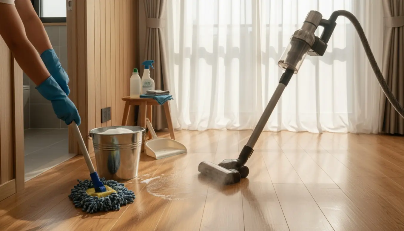 Støvsugning og gulvvask af lyse trægulve i en solbeskinnet lejlighed med rengøringsudstyr og åbent lille toilet i baggrunden.