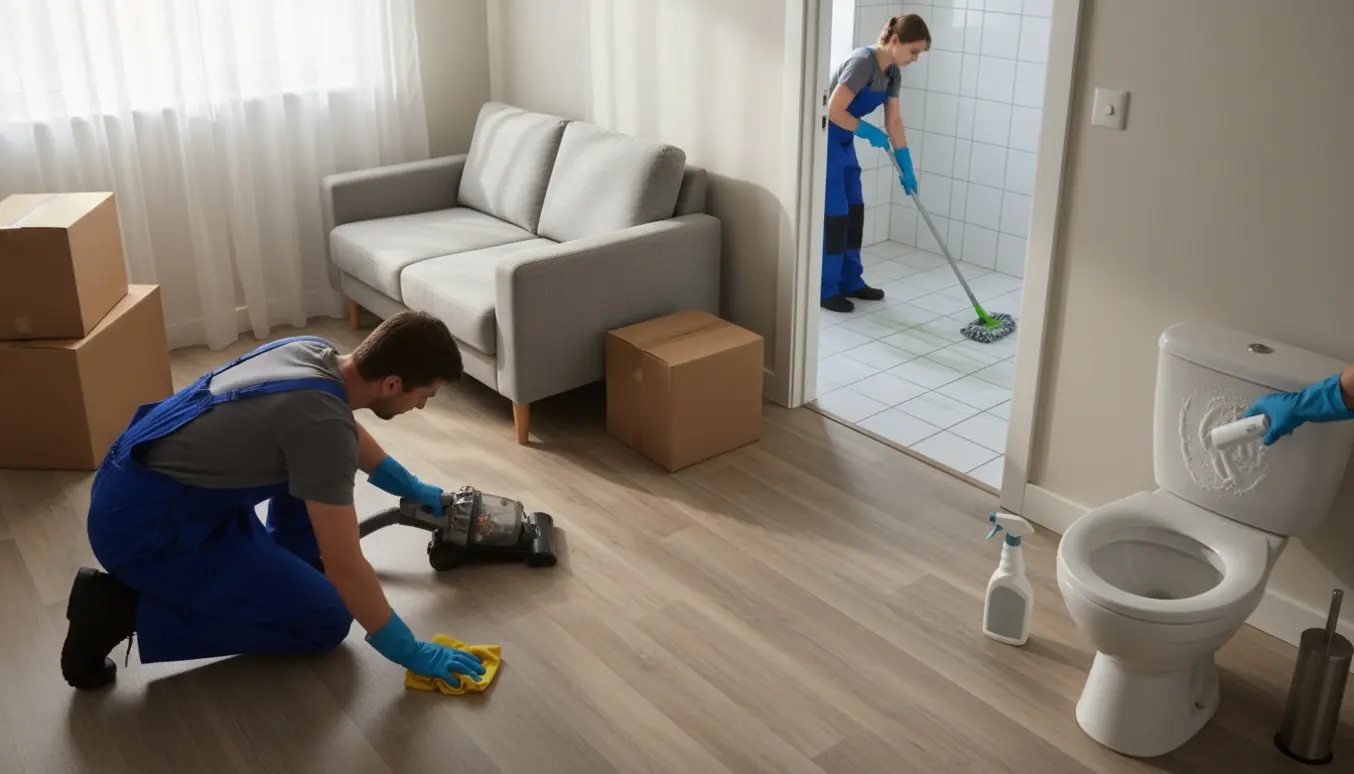 Udflytningsrengøring i en ét-værelses lejlighed med handsker, støvsuger og moppe; badeværelset moppes og toilettet afkalkes.