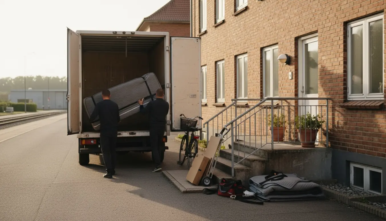 To flyttefolk bærer en indpakket madras fra en flyttebil ind i en lav bygning i morgensol.