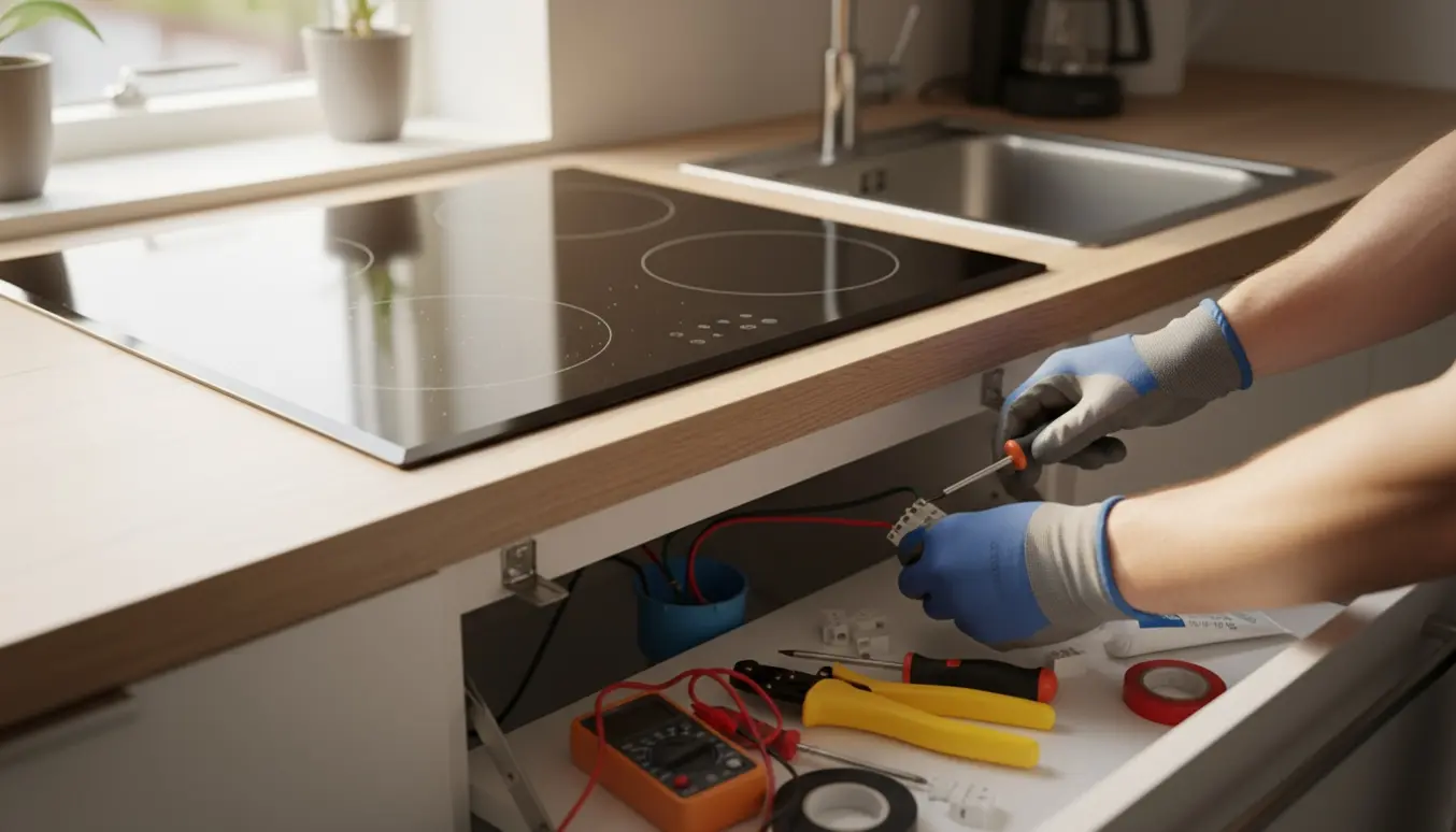 Hænder tilslutter ledninger i en installationsdåse under montering af en 80 cm keramisk kogeplade.
