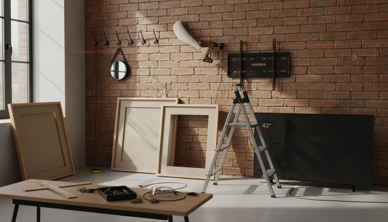 En entre hvor et fjernsyn, to store rammer, fem knager og et lille spejl hænges op på en murstensvæg.