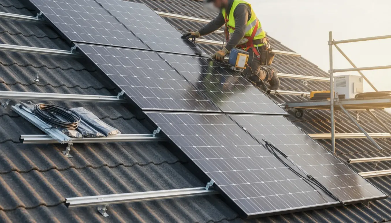 Montage af solcellepaneler på et 25° eternittag med værktøj og løfteudstyr, arbejdshænder i fokus.