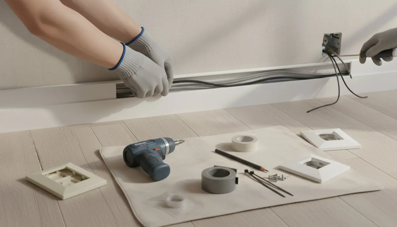 Hænder monterer en hvid kabelskjuler langs en væg med værktøj og en ny hvid stikkontaktplade klar.