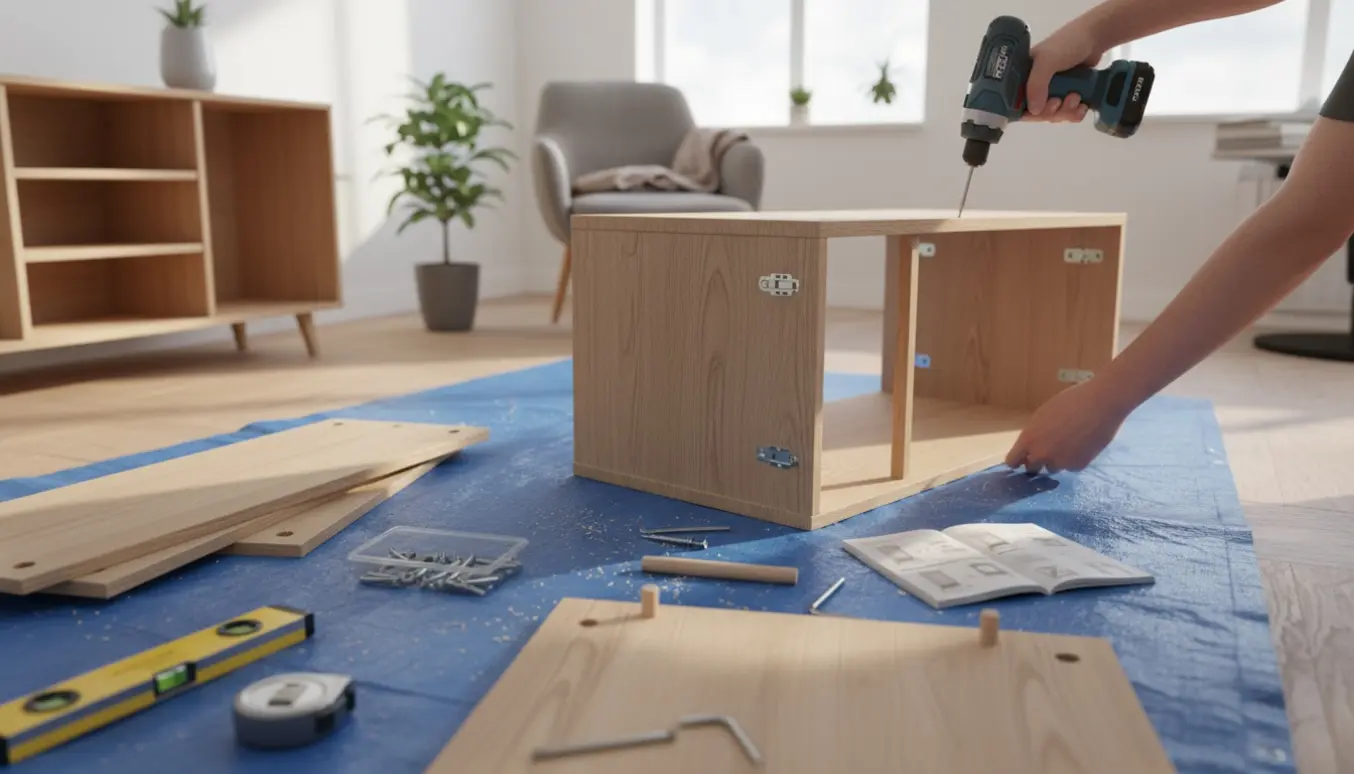 Hænder samler fladpakket skænk og reol med træpaneler, skruer og værktøj i et lyst rum.