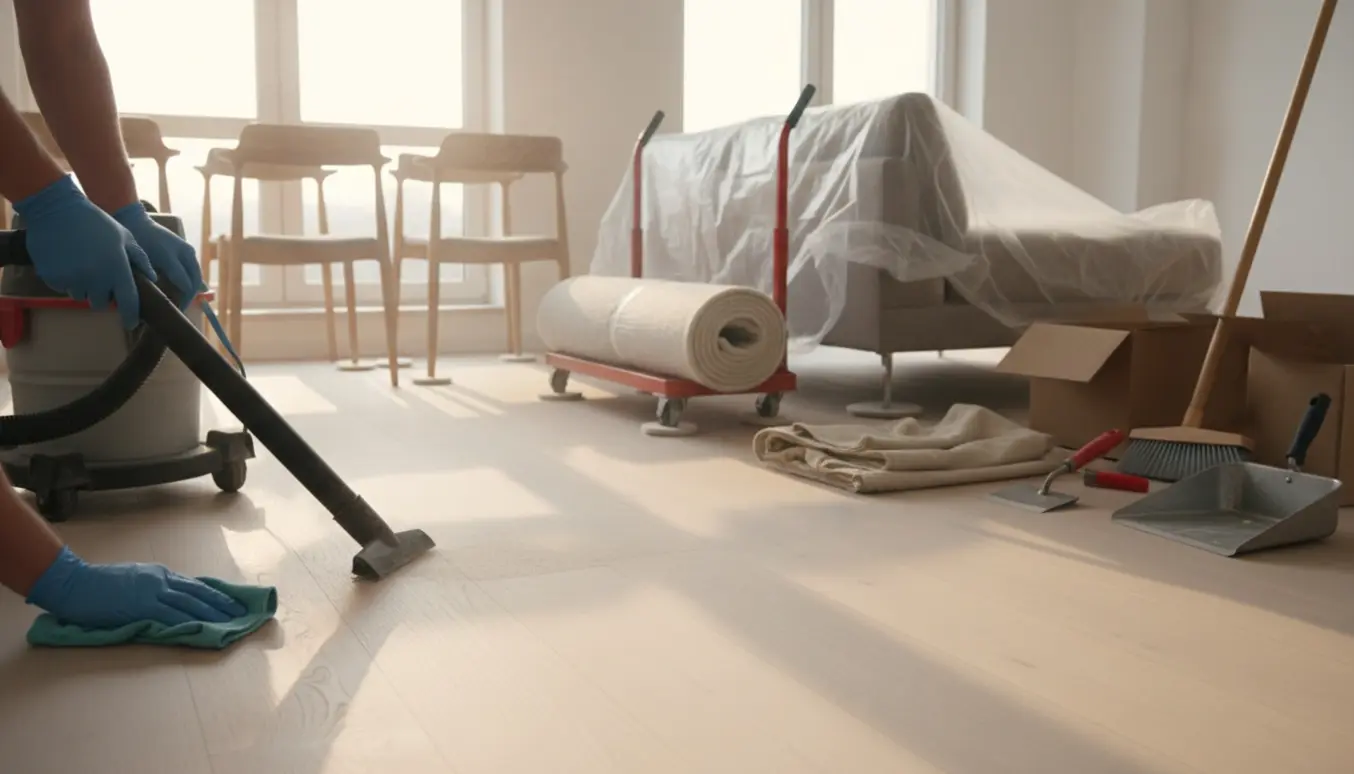 Håndværker fjerner støv og placerer møbler på et nyafslibet trægulv i en lys lejlighed.