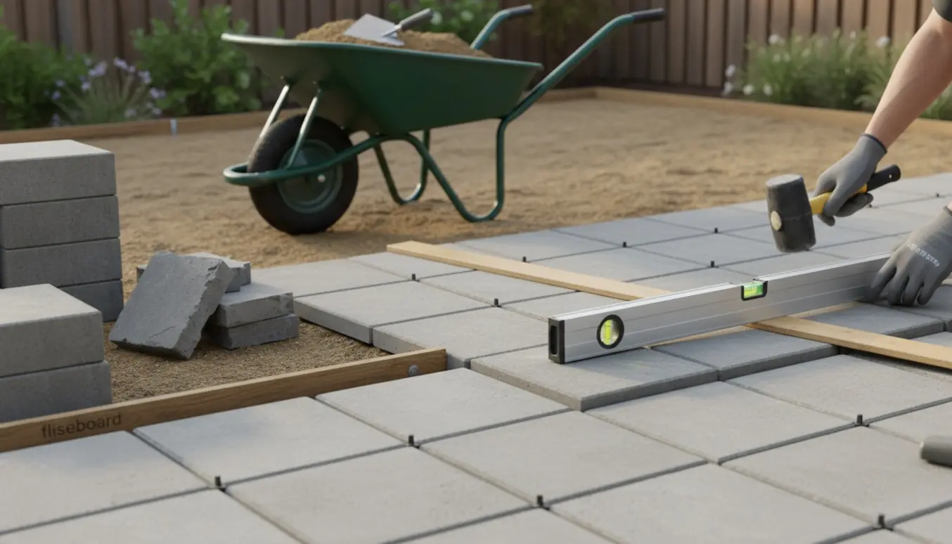 Udvidelse af fliseterrasse med 50x50 cm fliser, flisebord flyttet til kanten og hænder på arbejde.