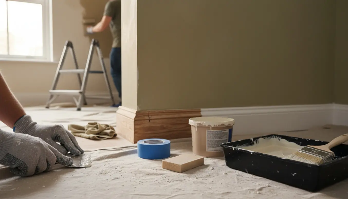 Indendørs foto af spartling og maling af vægge og lister med lerfarve og træmaling, uden tydelige ansigter.