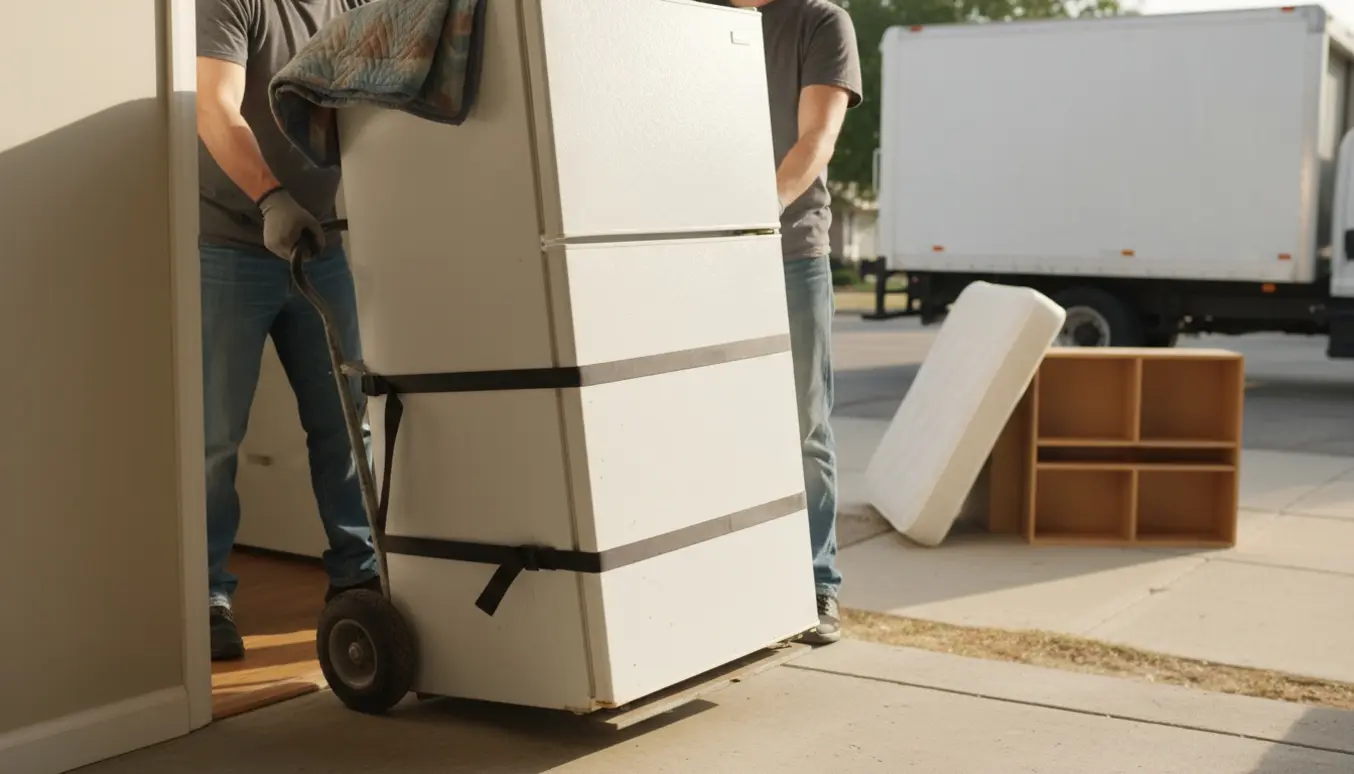 Et køleskab bæres ud af en lejlighed på en dolly mod storskrald ved fortovet.