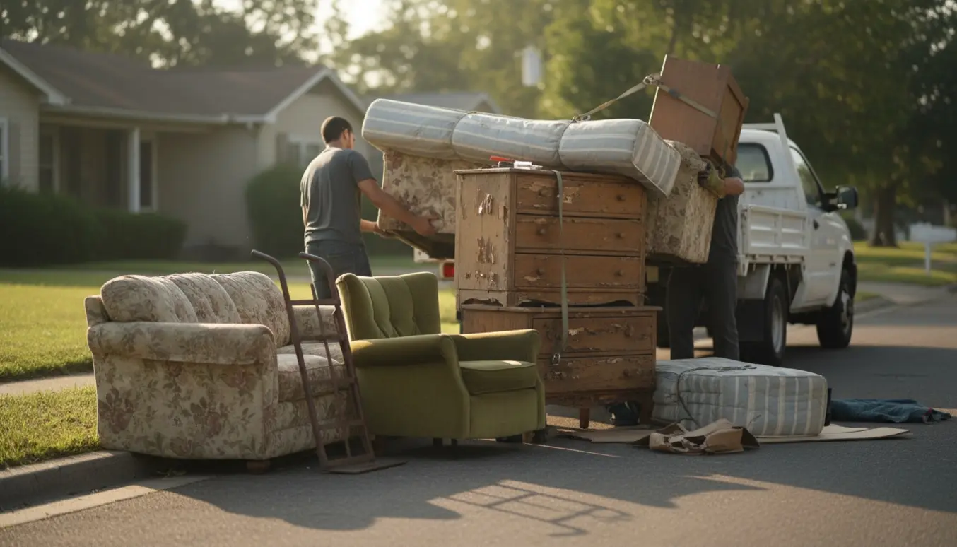 Umarkeret varebil læsses med brugte møbler ved fortovet til storskrald, personer ses uden tydelige ansigter.