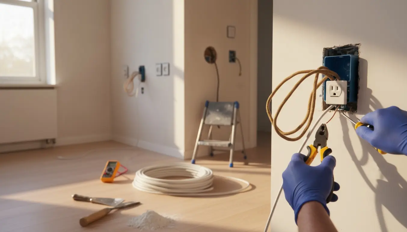 Hænder på elektriker udskifter gamle stofledninger og monterer nye indbyggede stikkontakter i en lejlighed.