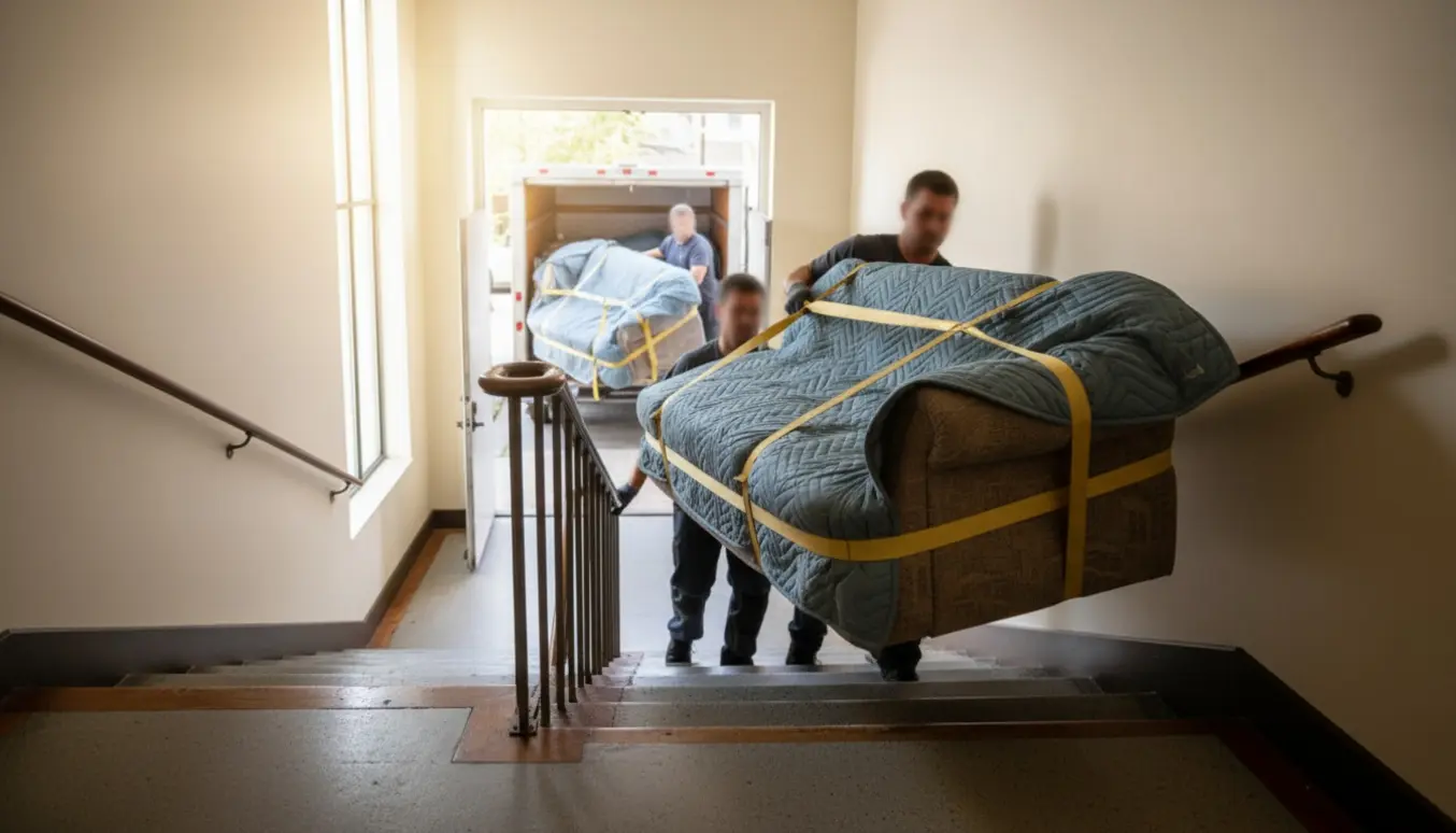 Flyttemænd bærer en delt chaiselong ned ad en opgang, pakket i flyttetæpper med en flyttebil udenfor.