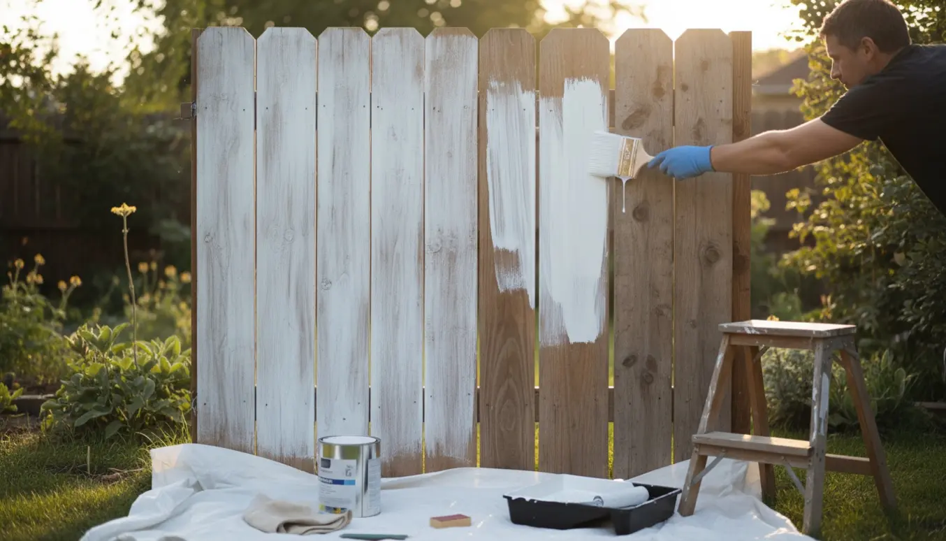 Fire hegnspaneler i en have: to med ét lag hvid maling, to umalede, mens en hånd maler et panel.