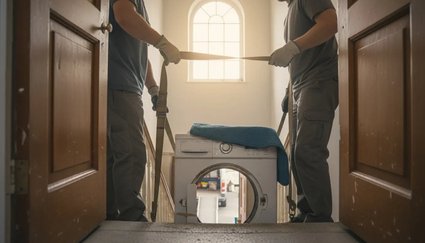 Gammel vaskemaskine bæres ned ad trappen på en håndvogn fra en lejlighed.