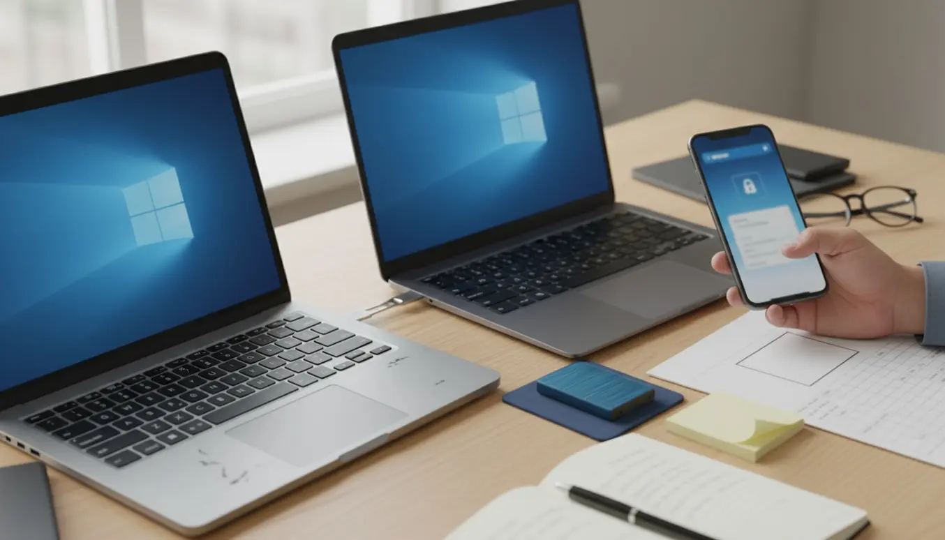 Hænder opsætter Microsoft-konto ved en bærbar med telefon til tofaktor‑bekræftelse og backupdrev på skrivebordet.