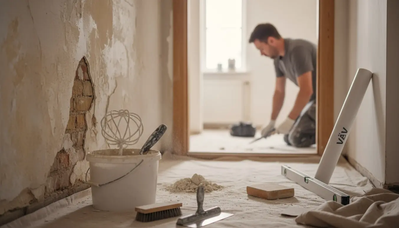 Entré under renovering hvor hænder slår løs puds af en rå væg med hammer og mejsel foran værktøj og væv.