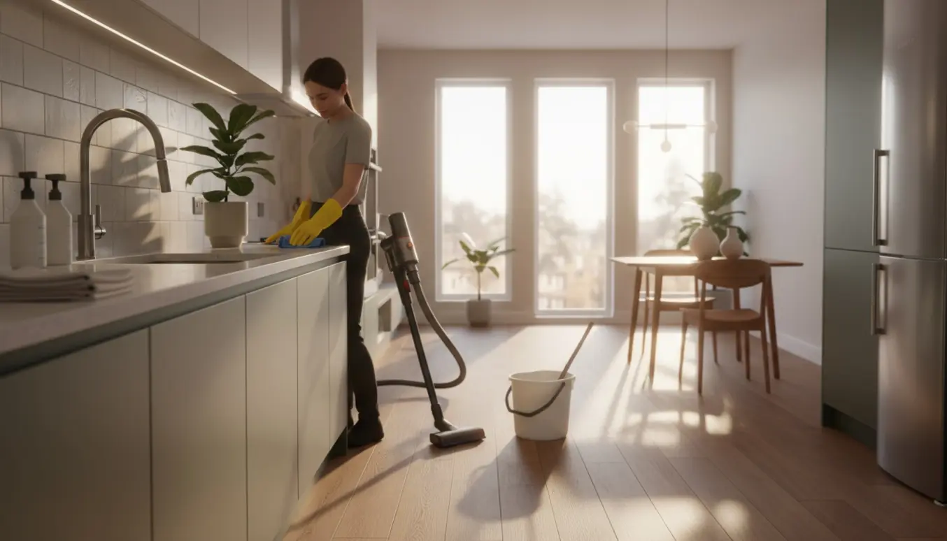 Professionel rengøring i et lyst rækkehus med hænder i handsker, støvsuger, moppe og mikrofiberklud ved køkkenvasken.
