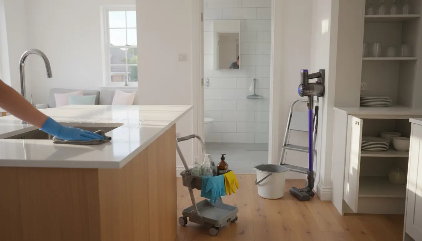 Rækkehus under hovedrengøring med handsker, moppe og rengøringsmidler ved skinnende køkken- og badeværelsesoverflader.