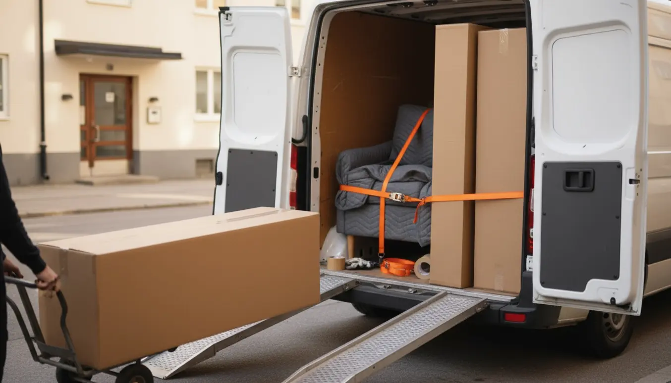 Flyttefolk læsser en adskilt sofa og flade pakker med vitrineskab og konsolbord ind i en varevogn ved fortovet.