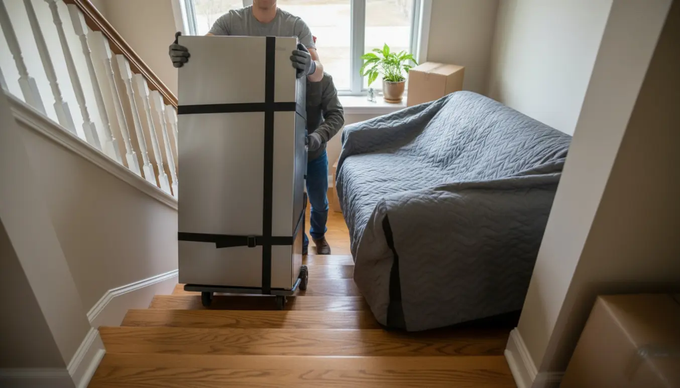En indpakket sofa og et køleskab bæres forsigtigt ned ad en trætrappe fra 1. sal, ansigter ikke synlige.