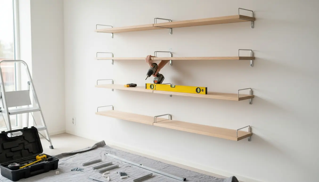 Hænder monterer seks minimalistiske væghylder på en hvid væg med værktøj og beslag i forgrunden.