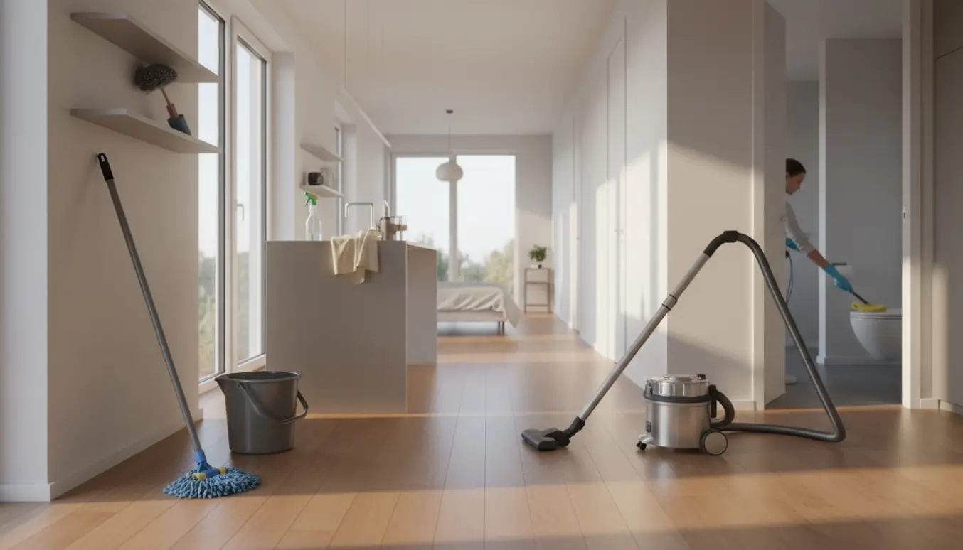 Lyst, rummeligt hjem under rengøring med støvsuger, moppe og handsker, der tørrer overflader.