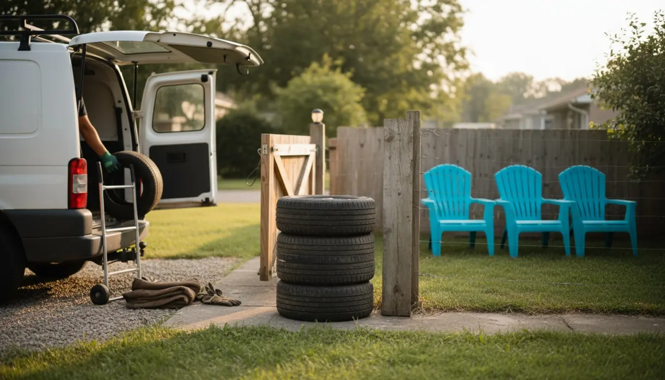 Åben havelåge med en varebil og stabler af dæk samt en træplade lænet op ad hegnet, mens fire blå stole står til siden.