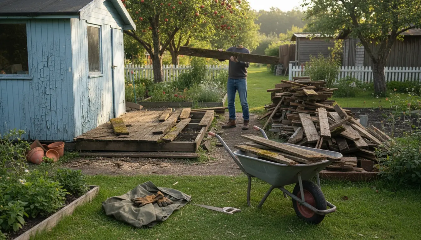Oprydning i kolonihave med et gammelt campinggulv, stabler af træaffald og værktøj ved en trillebør.