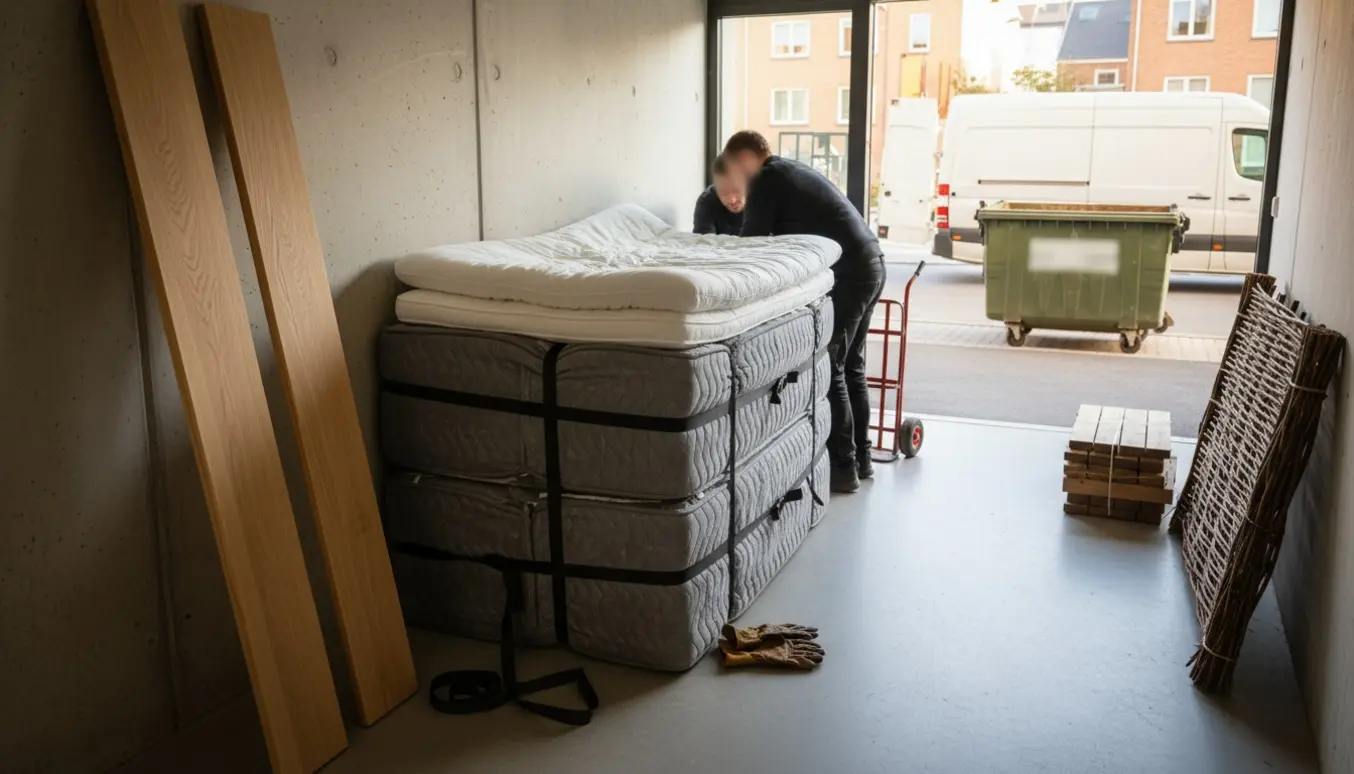 Flyttescene med adskilt dobbeltseng på en trappeopgang og bunke af træbrædder og pileflethegn klar til bortskaffelse.