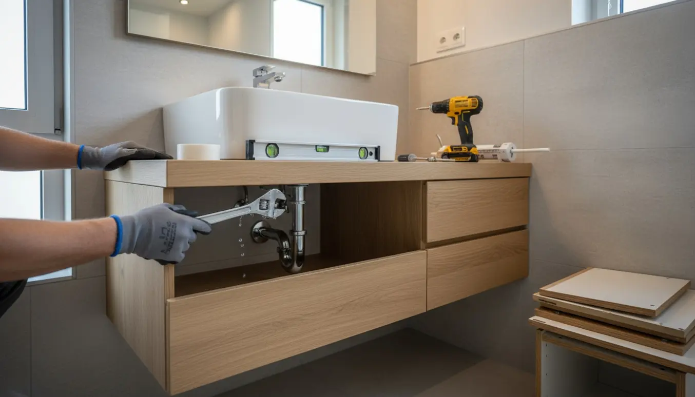 Nyt badeværelsesskab med hvid vask monteres, hænder spænder afløbsrør med skruenøgle og værktøj ligger ved siden af.