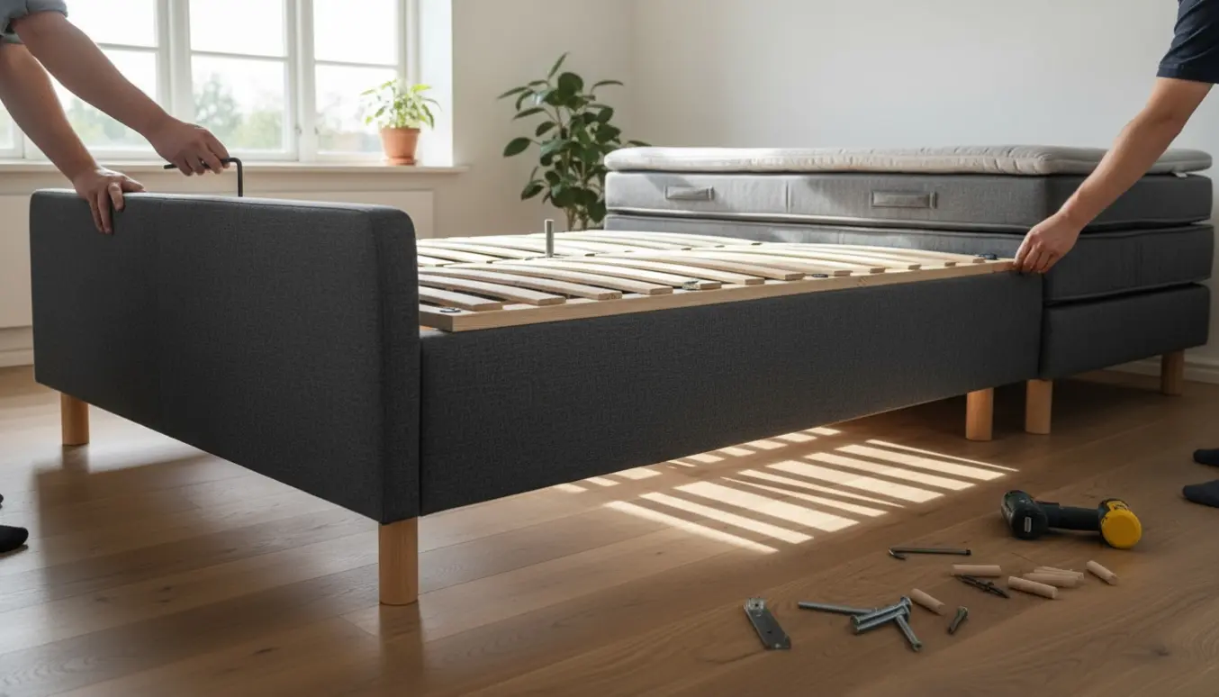 Montering af en mørkegrå kontinentalseng i et lyst soveværelse med hænder og værktøj synlige.