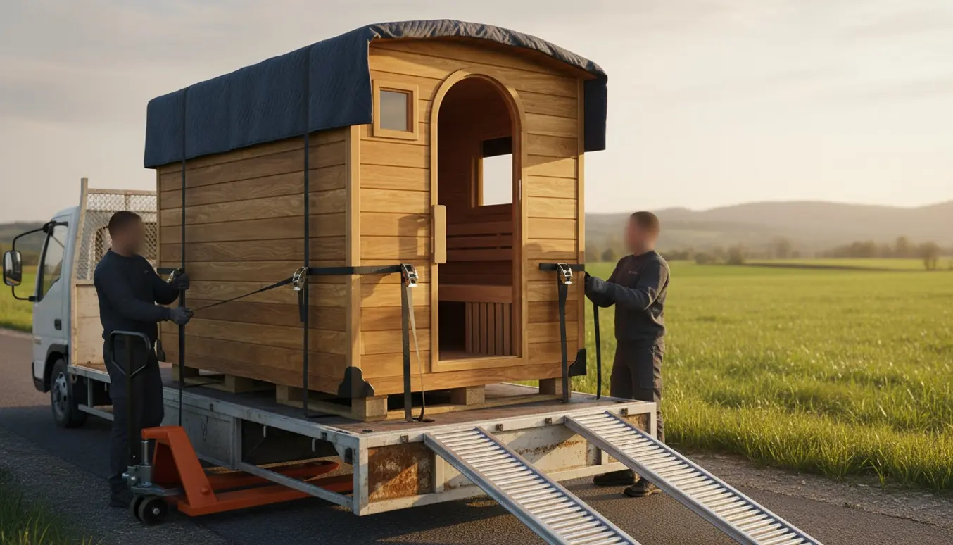 Et prefab træsauna-modul spændes fast på en fladvogn klar til transport.
