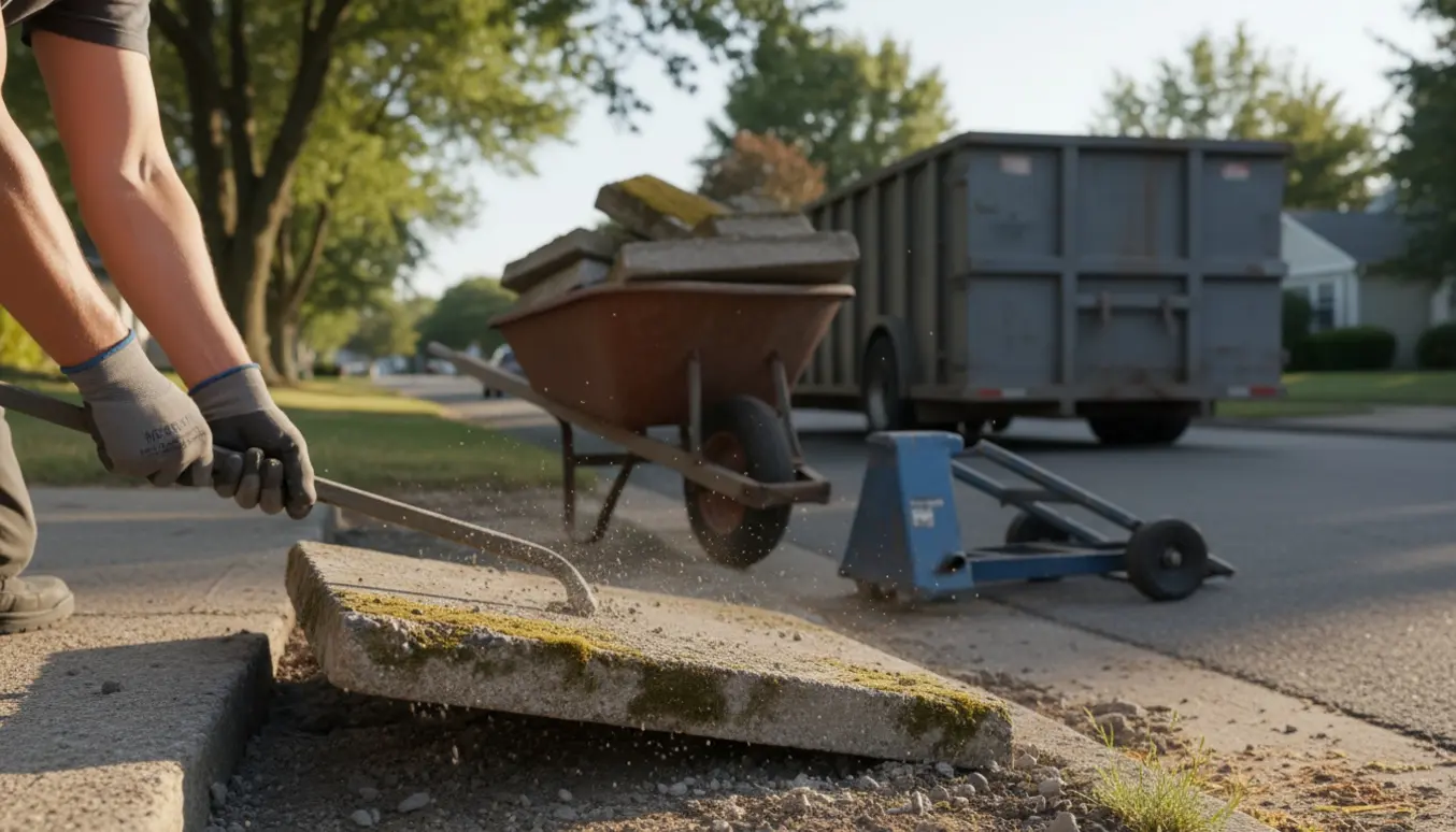 Arme i handsker fjerner havefliser ved fortovskanten med trillebør og container klar til bortskaffelse.