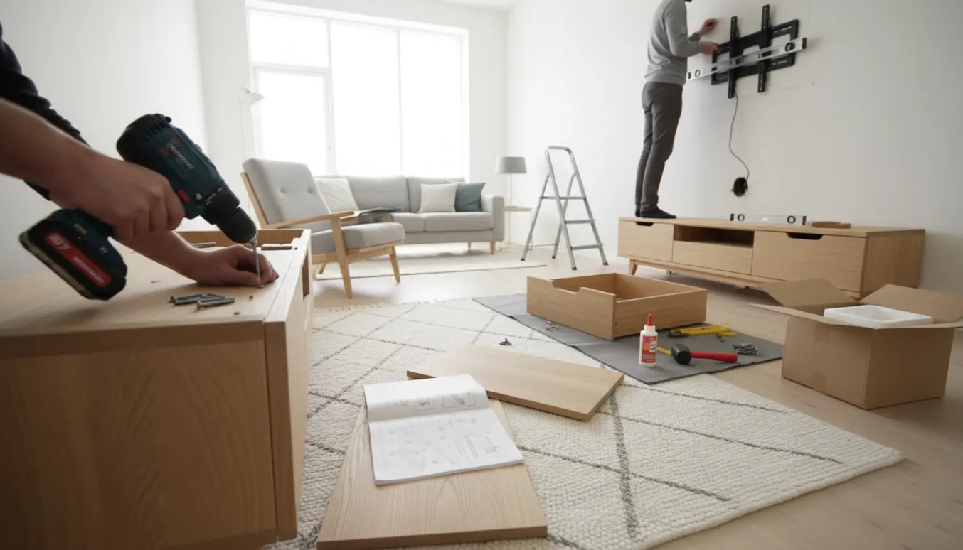 Et moderne stuebillede hvor et tv-bord og et tv bliver monteret, og en kommode er ved at blive samlet.