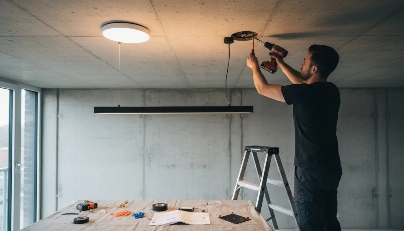 Håndværker monterer en rund LED-plafond og en lang pendel i et råt betonloft.