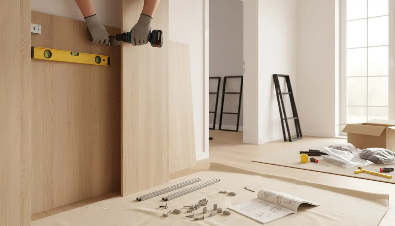 Hænder monterer et klædeskab fast på væggen med boreværktøj, mens to rammer står i stuen i baggrunden.