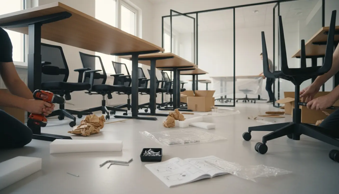 Hæve/sænke-skriveborde og kontorstole under samling i et lyst kontor med værktøj og emballage omkring.