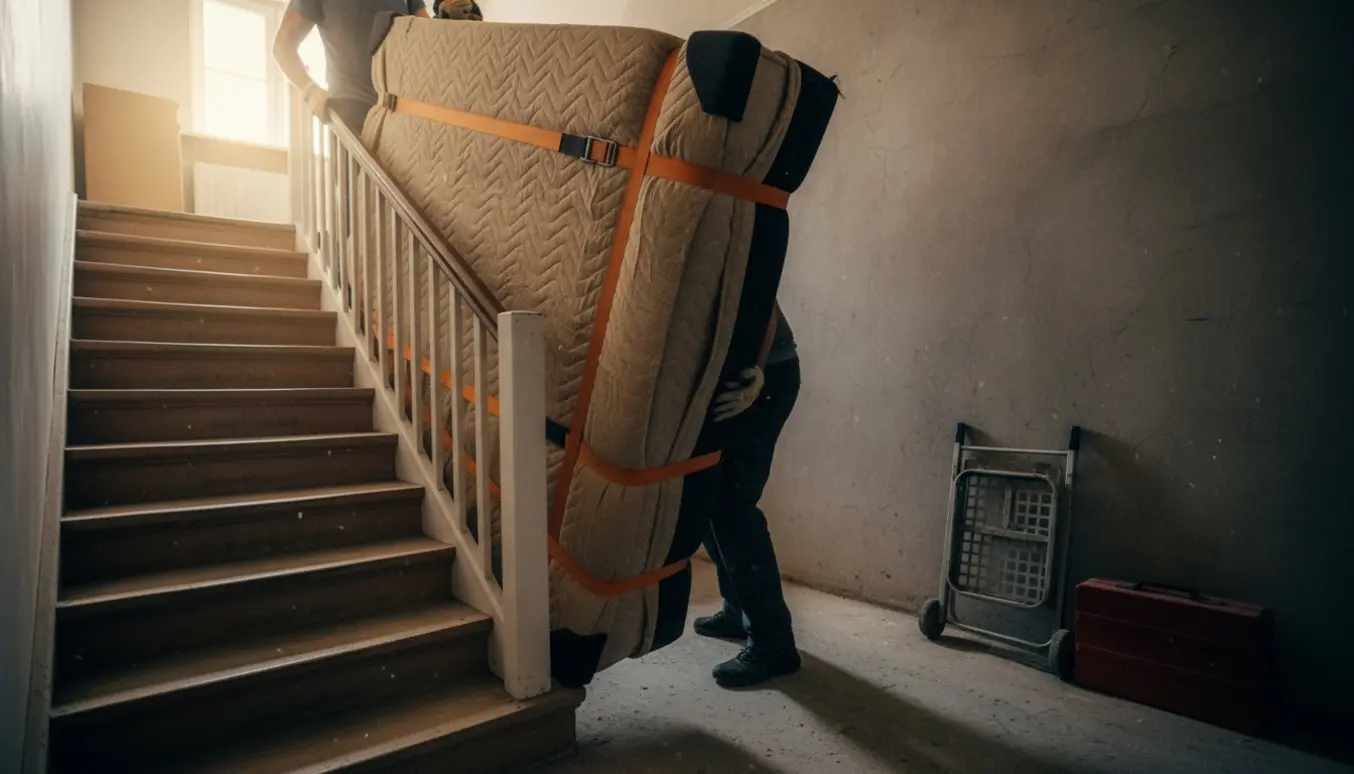 To flyttemænd fører en 140x200 seng ned ad en trappe til kælderen, uden synlige ansigter.