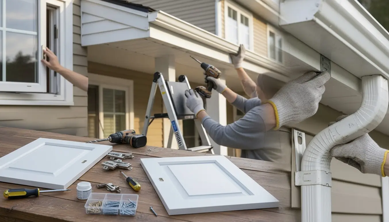 Hænder udfører småreparationer ved en husfacade: monterer sternbræt, fastgør nedløbsrør og sætter låger på.