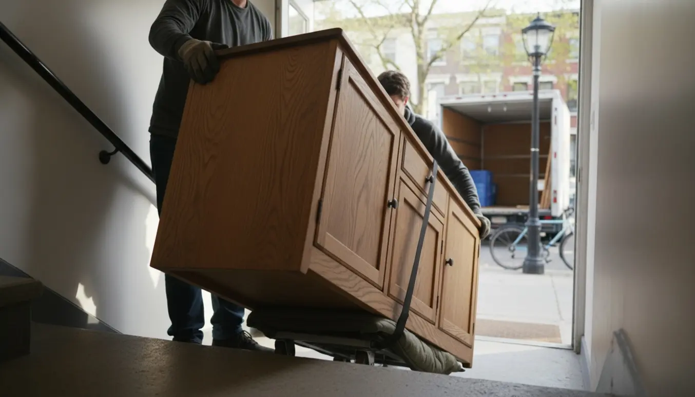 To personer flytter en massiv trækænk op ad en kort trappe ved hjælp af en sækkevogn og flyttetæpper.