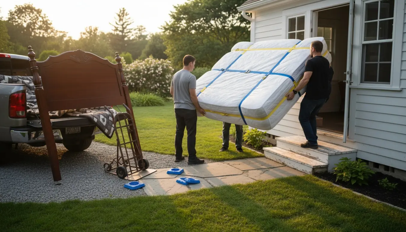 En seng flyttes fra et hus til et træsommerhus, madras indpakket og løftet på en pickup ved den åbne dør.