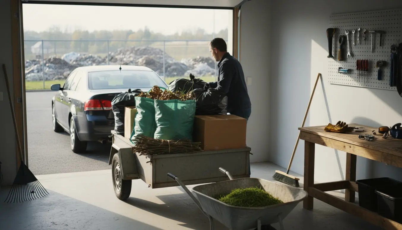 En person læsser husholdnings- og haveaffald fra en garage på en trailer i morgenlys.