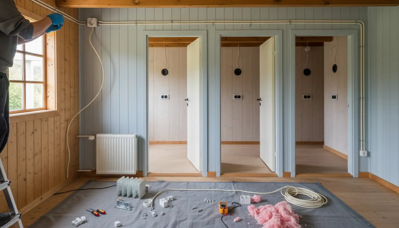 El-installation i kolonihavehus med synlige kabler, en person på stige der hæver en stikkontakt, værktøj og en nedtaget elradiator.