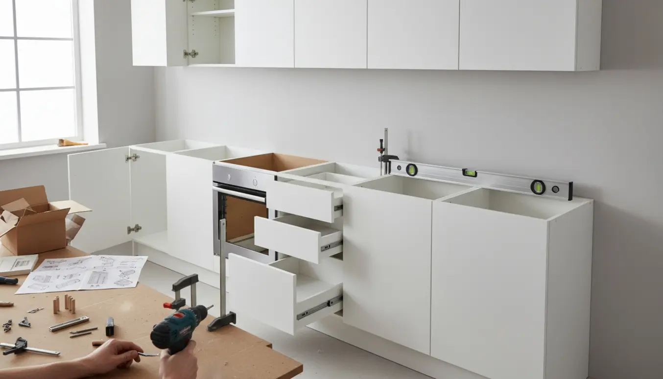 Montage af fladpakkede køkkenskabe: seks underskabe med skuffer, ovnskab, vaskeskab og fire overskabe under installation.