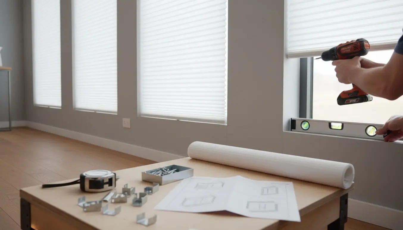 Hænder monterer tre hvide plisségardiner med vaterpas og boremaskine i et lyst rum.