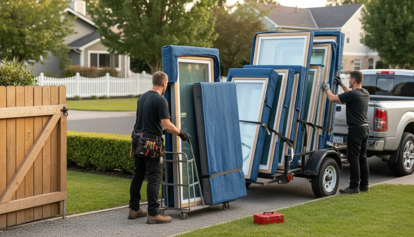 To personer læsser store indrammede vinduespartier fra en have over på en trailer ved lågen.