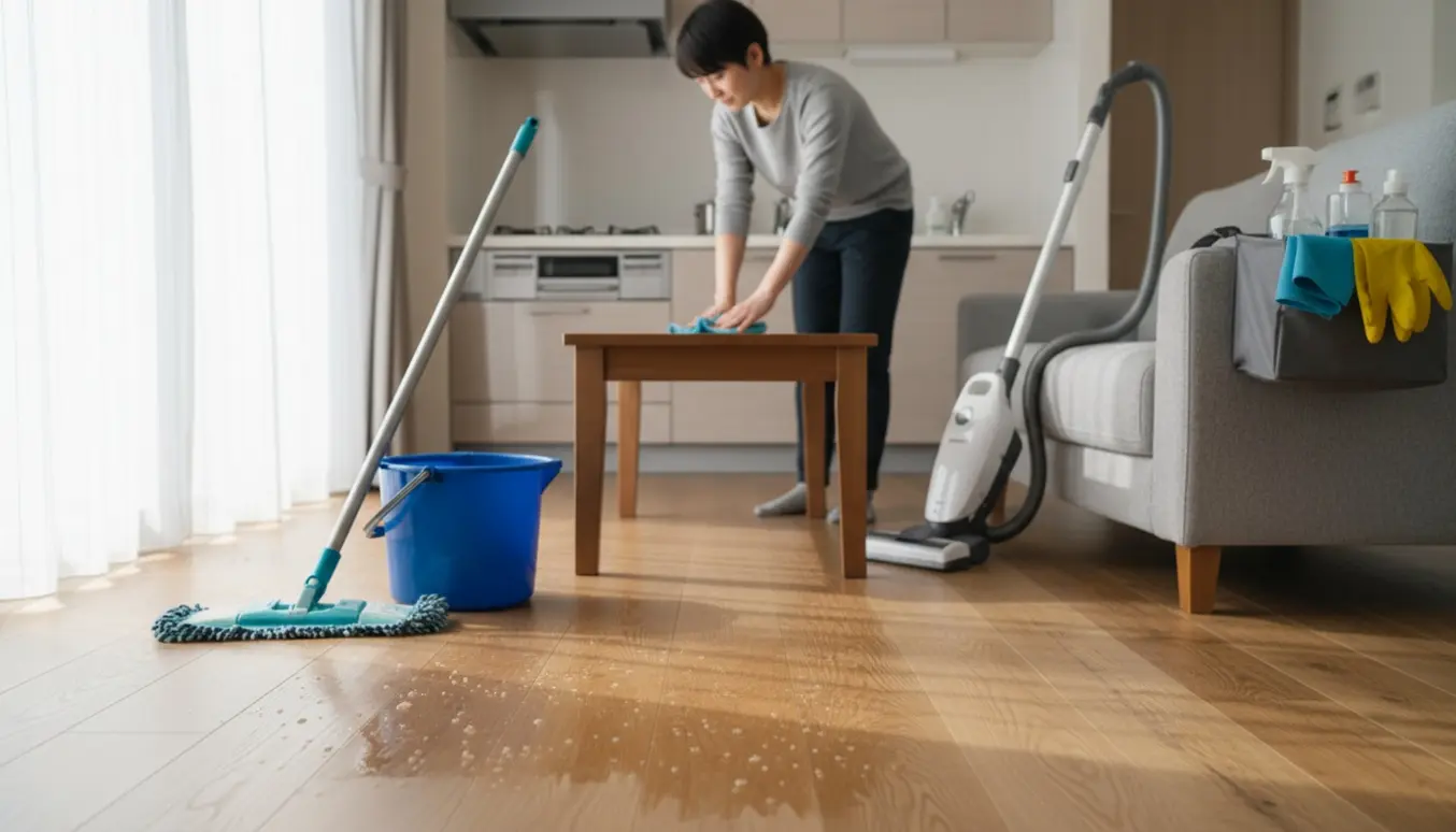 Ryddelig lejlighed under rengøring med moppe, spand og rengøringsartikler, ingen ansigter synlige.