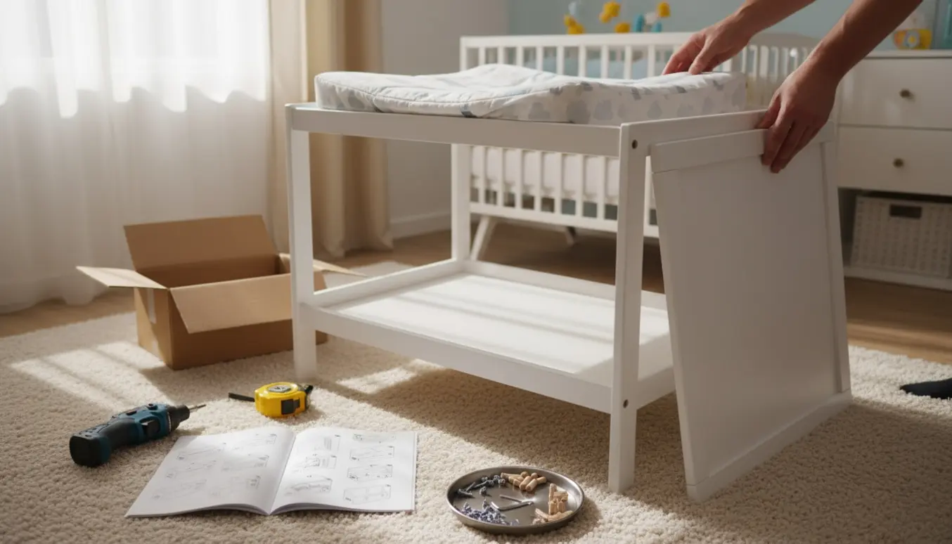 Delvis samlet puslebord i et lyst børneværelse med værktøj og manual.